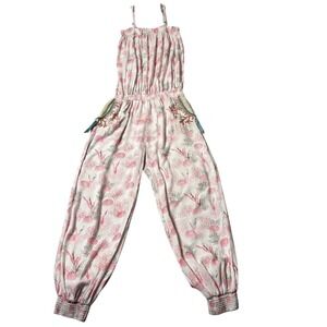 Skemo Coral Print Jumpsuit Spaghetti Strap Smocked Pockets White‎ Pink Size XL